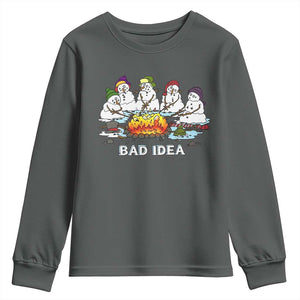 Christmas Snowman Campfire Youth Sweatshirt Bad Idea Melting Snowman Family Roasting Marshmallows TS10 Dark Heather Print Your Wear