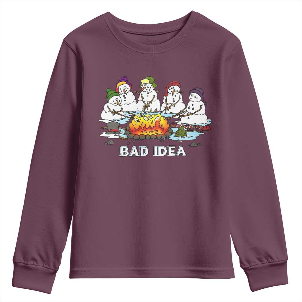 Christmas Snowman Campfire Youth Sweatshirt Bad Idea Melting Snowman Family Roasting Marshmallows TS10 Maroon Print Your Wear