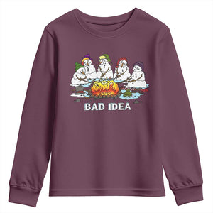 Christmas Snowman Campfire Youth Sweatshirt Bad Idea Melting Snowman Family Roasting Marshmallows TS10 Maroon Print Your Wear