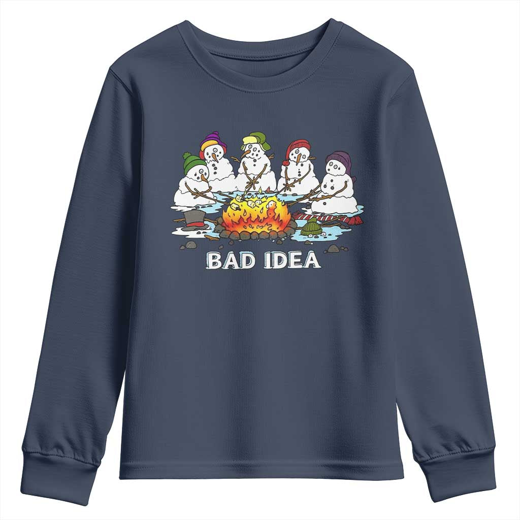 Christmas Snowman Campfire Youth Sweatshirt Bad Idea Melting Snowman Family Roasting Marshmallows TS10 Navy Print Your Wear