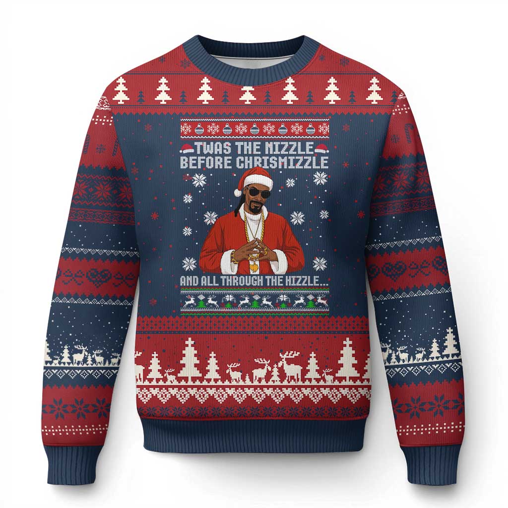 Funny Rapper Xmas Ugly Christmas Sweater Gangsta Twas the Nizzle Before Chrismizzle Ugly Xmas TS10 Navy Red Print Your Wear
