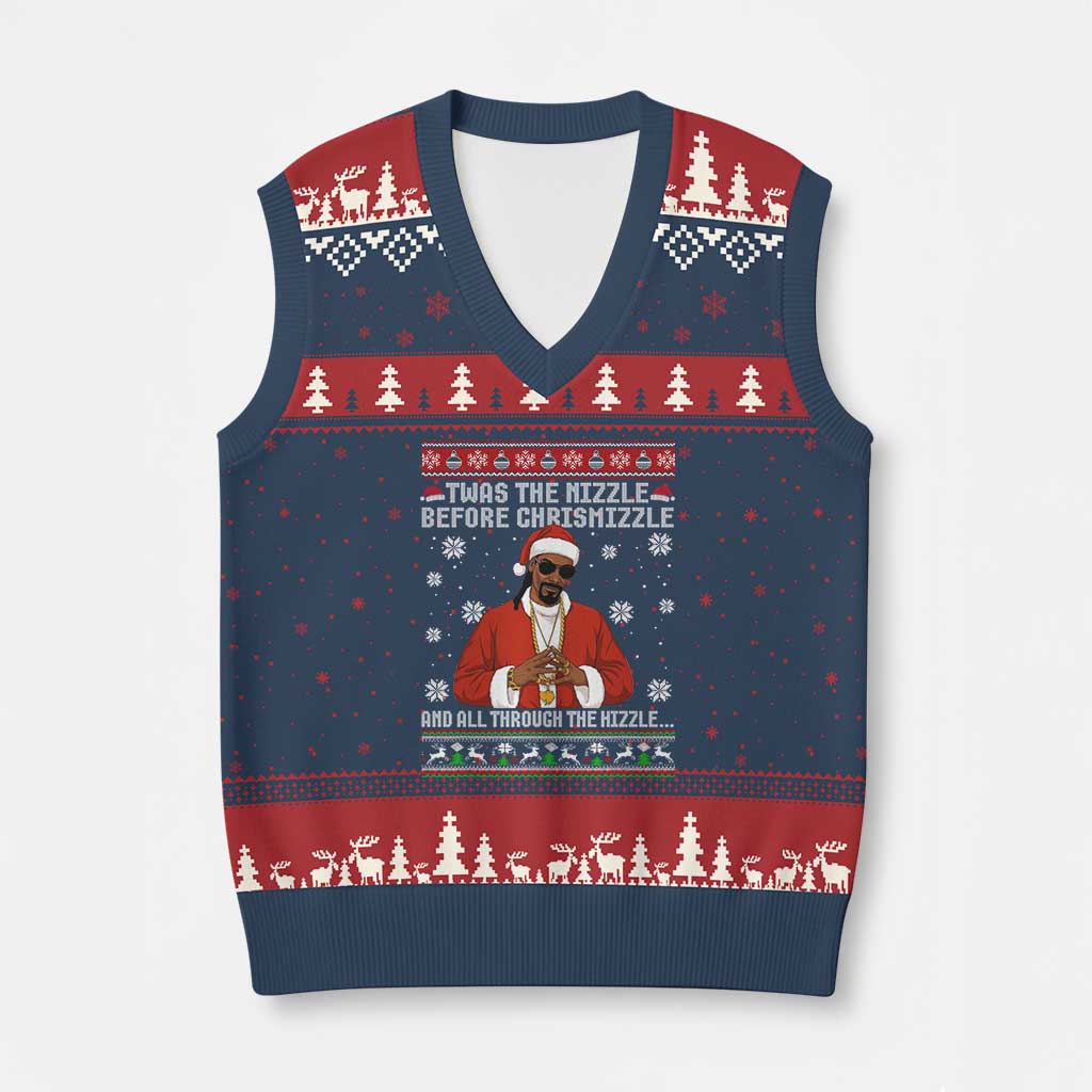 Funny Rapper Xmas V-Neck Knit Sweater Vest Gangsta Twas the Nizzle Before Chrismizzle Ugly Xmas TS10 Navy Red Print Your Wear