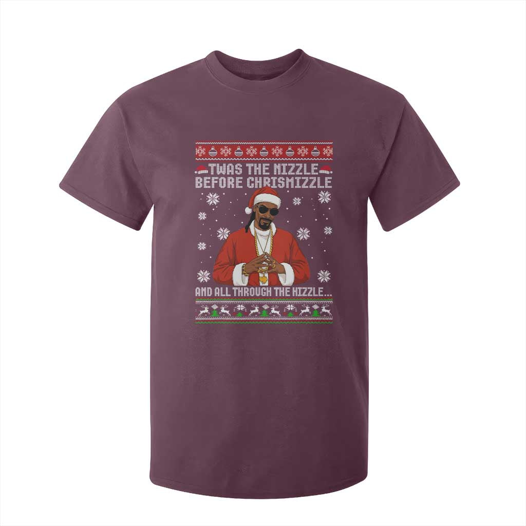 Funny Rapper Christmas T Shirt For Kid Gangsta Twas the Nizzle Before Chrismizzle Ugly Xmas TS10 Maroon Print Your Wear