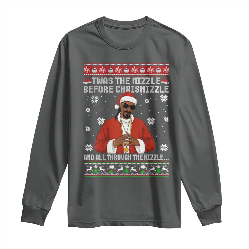 Funny Rapper Christmas Long Sleeve Shirt Gangsta Twas the Nizzle Before Chrismizzle Ugly Xmas TS10 Dark Heather Print Your Wear