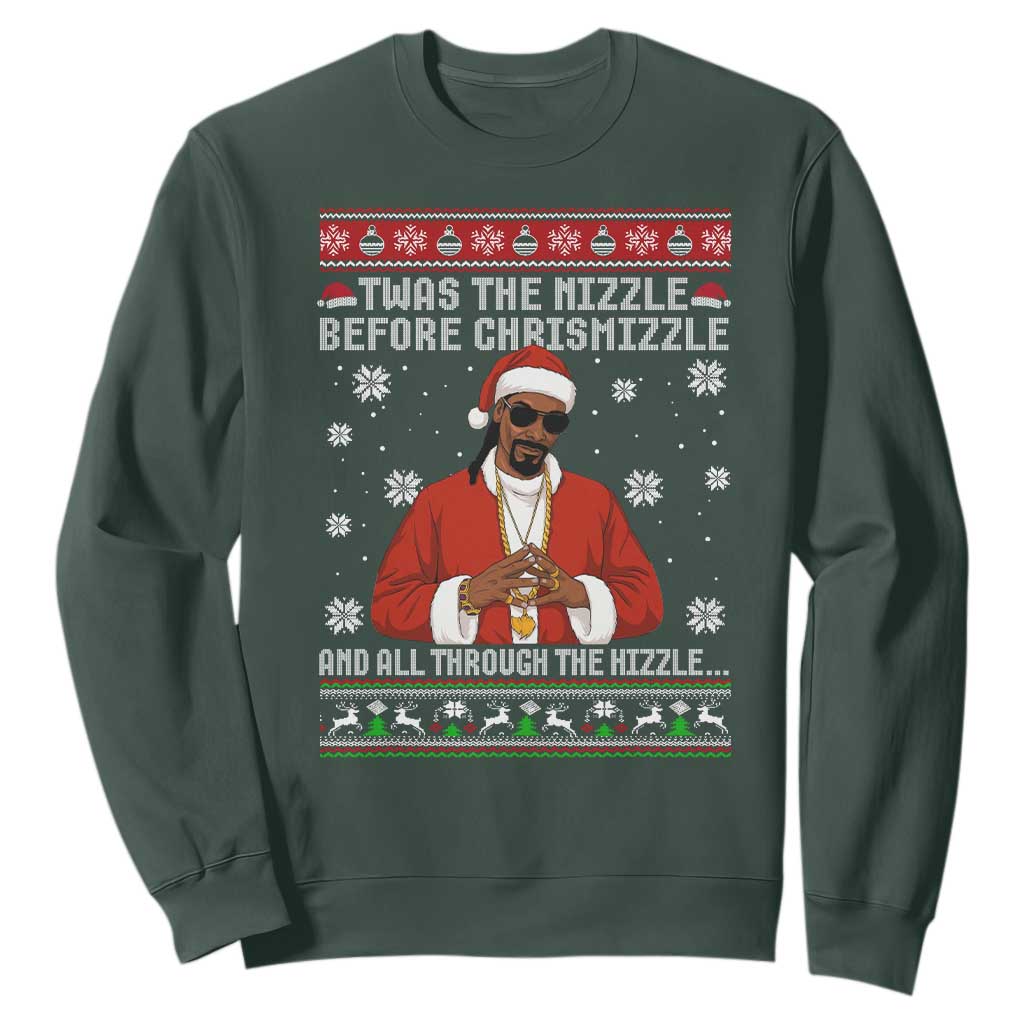 Funny Rapper Christmas Sweatshirt Gangsta Twas the Nizzle Before Chrismizzle Ugly Xmas TS10 Dark Forest Green Print Your Wear