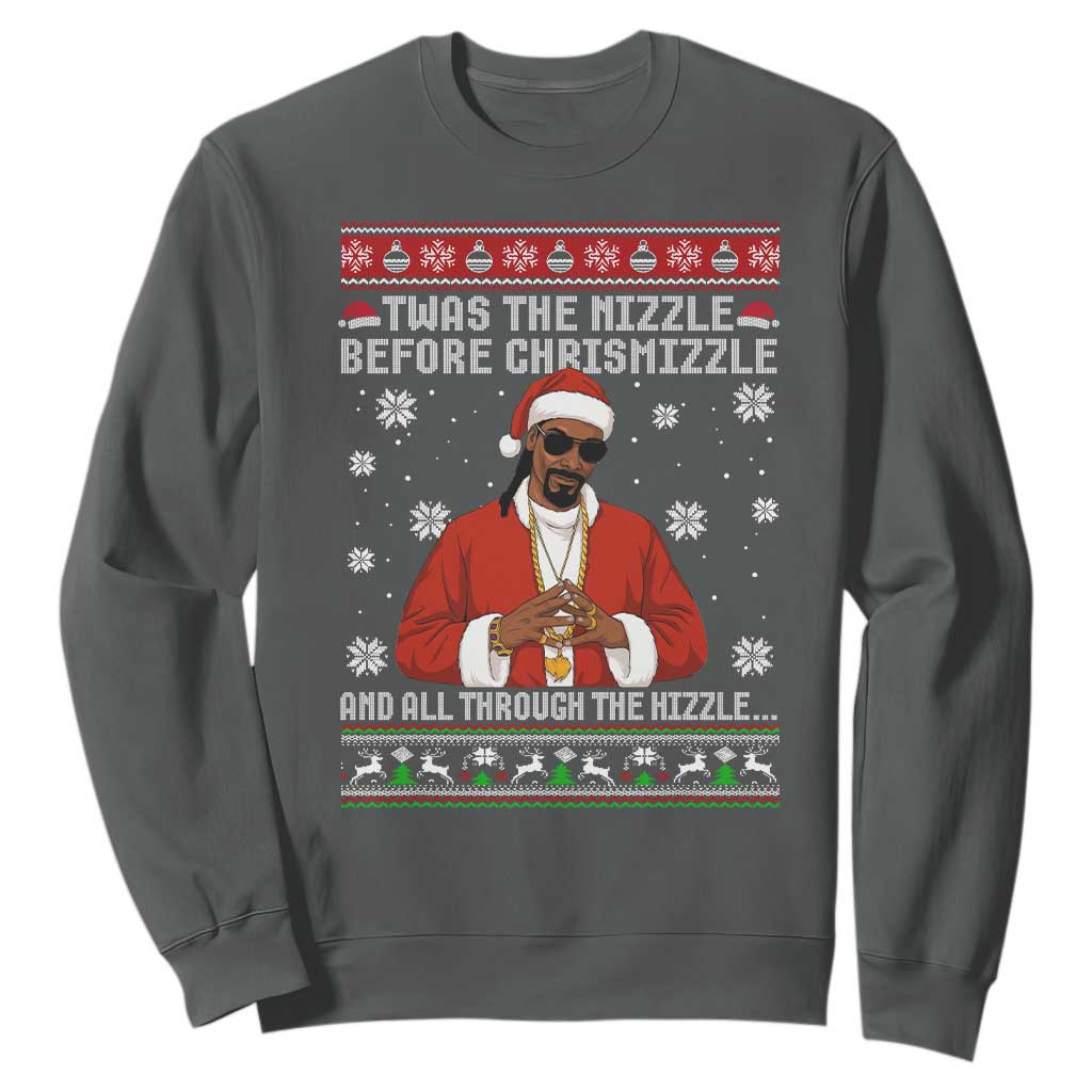 Funny Rapper Christmas Sweatshirt Gangsta Twas the Nizzle Before Chrismizzle Ugly Xmas TS10 Dark Heather Print Your Wear