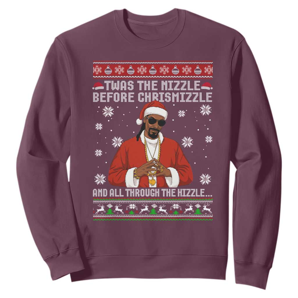 Funny Rapper Christmas Sweatshirt Gangsta Twas the Nizzle Before Chrismizzle Ugly Xmas TS10 Maroon Print Your Wear