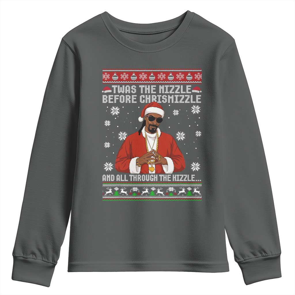 Funny Rapper Christmas Youth Sweatshirt Gangsta Twas the Nizzle Before Chrismizzle Ugly Xmas TS10 Dark Heather Print Your Wear