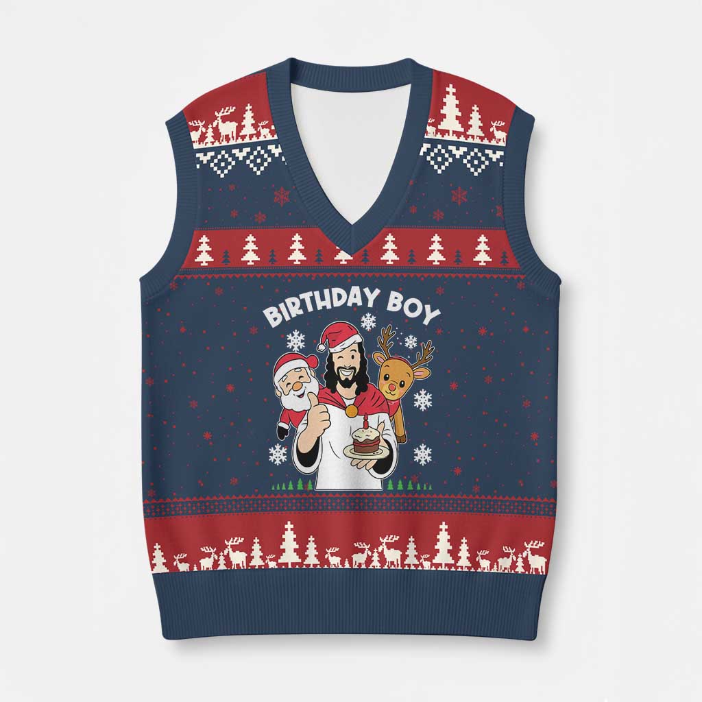 Birthday Boy Jesus Xmas V-Neck Knit Sweater Vest Christian Xmas TS10 Navy Red Print Your Wear