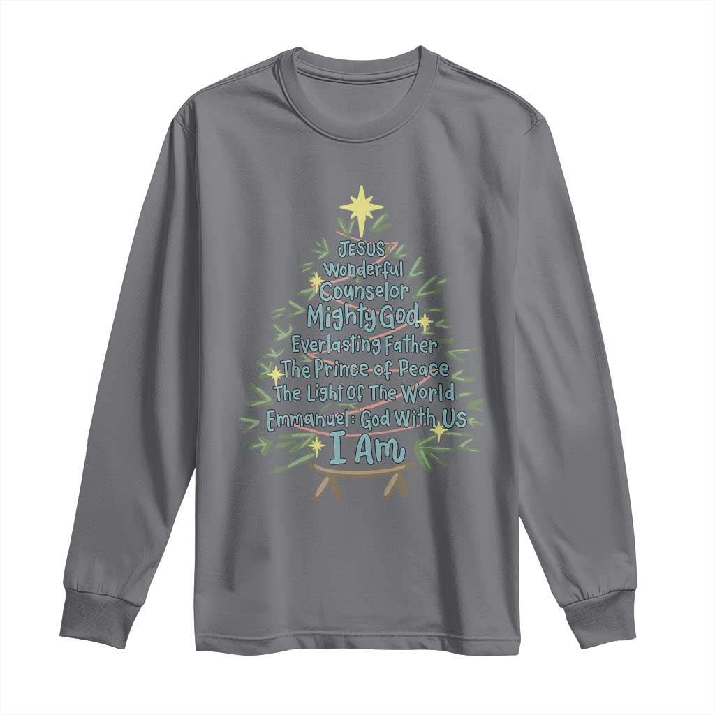 Jesus Names Christmas Tree Long Sleeve Shirt Christian Bible Verse Xmas TS10 Charcoal Print Your Wear