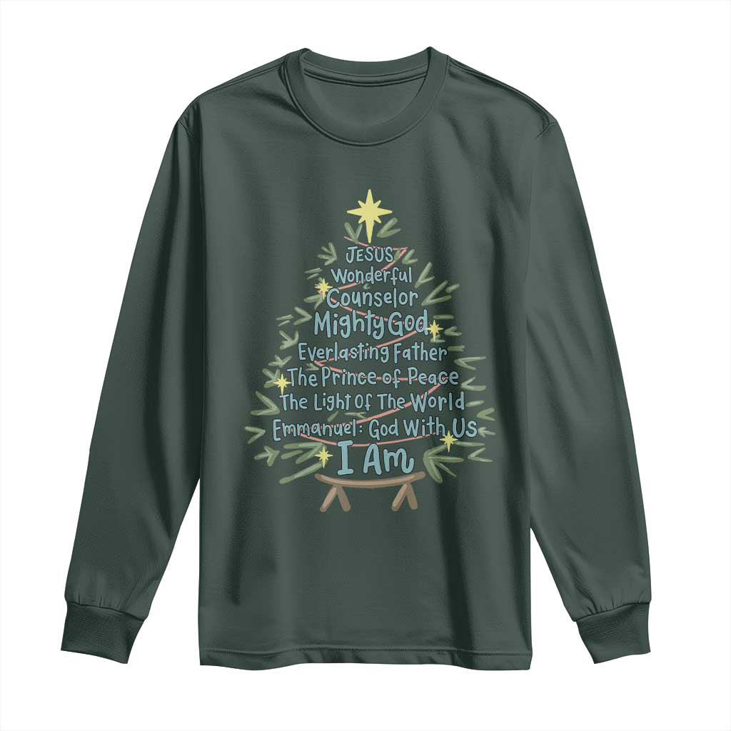 Jesus Names Christmas Tree Long Sleeve Shirt Christian Bible Verse Xmas TS10 Dark Forest Green Print Your Wear