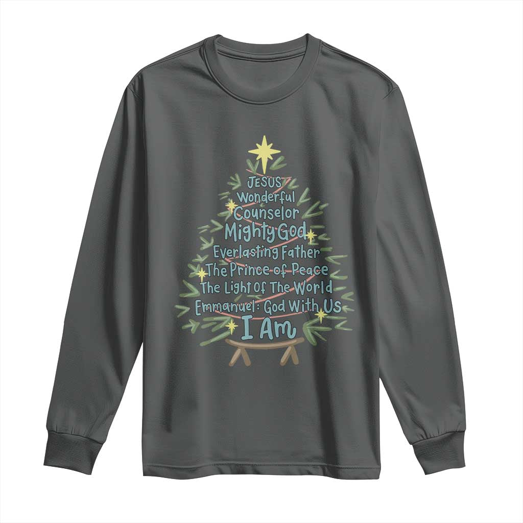 Jesus Names Christmas Tree Long Sleeve Shirt Christian Bible Verse Xmas TS10 Dark Heather Print Your Wear