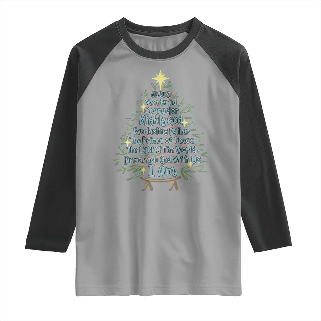 Jesus Names Christmas Tree Raglan Shirt Christian Bible Verse Xmas TS10 Sport Gray Black Print Your Wear