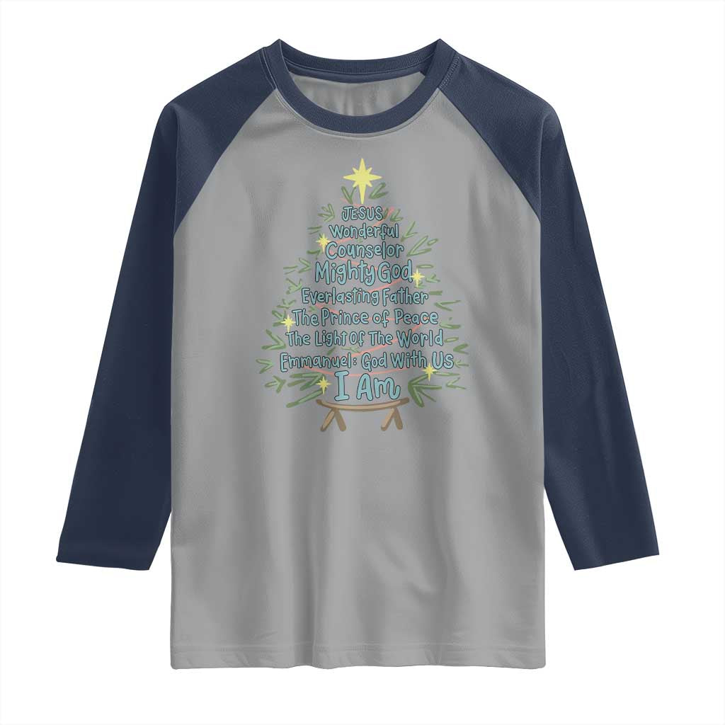 Jesus Names Christmas Tree Raglan Shirt Christian Bible Verse Xmas TS10 Sport Gray Navy Print Your Wear