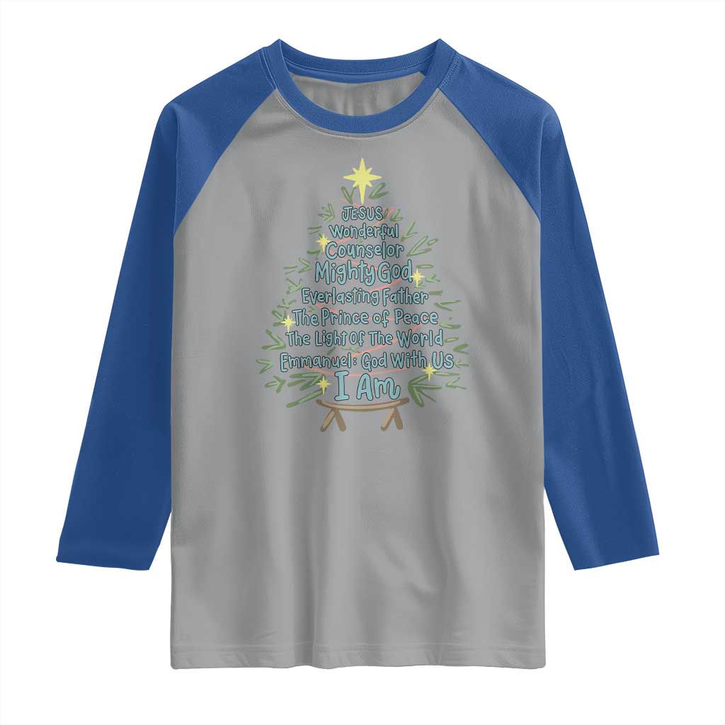 Jesus Names Christmas Tree Raglan Shirt Christian Bible Verse Xmas TS10 Sport Gray Royal Print Your Wear