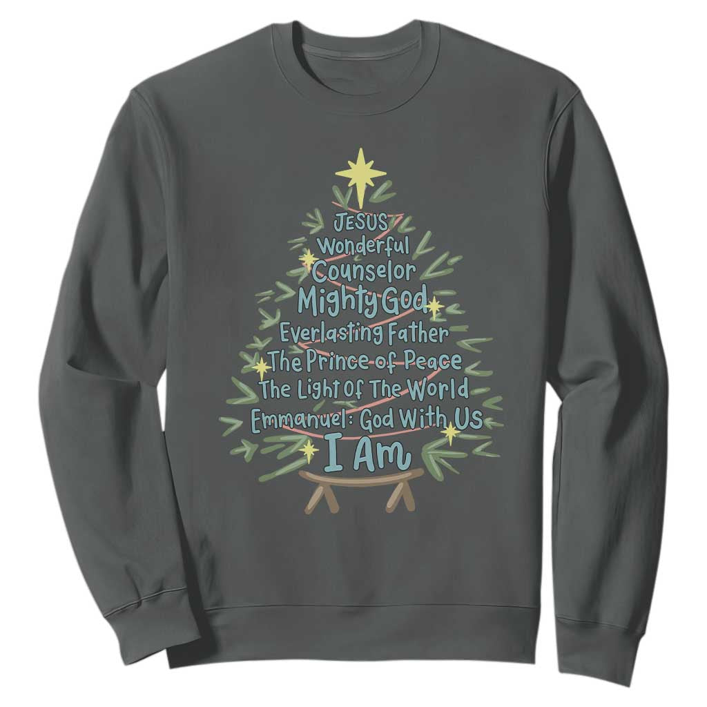 Jesus Names Christmas Tree Sweatshirt Christian Bible Verse Xmas TS10 Dark Heather Print Your Wear