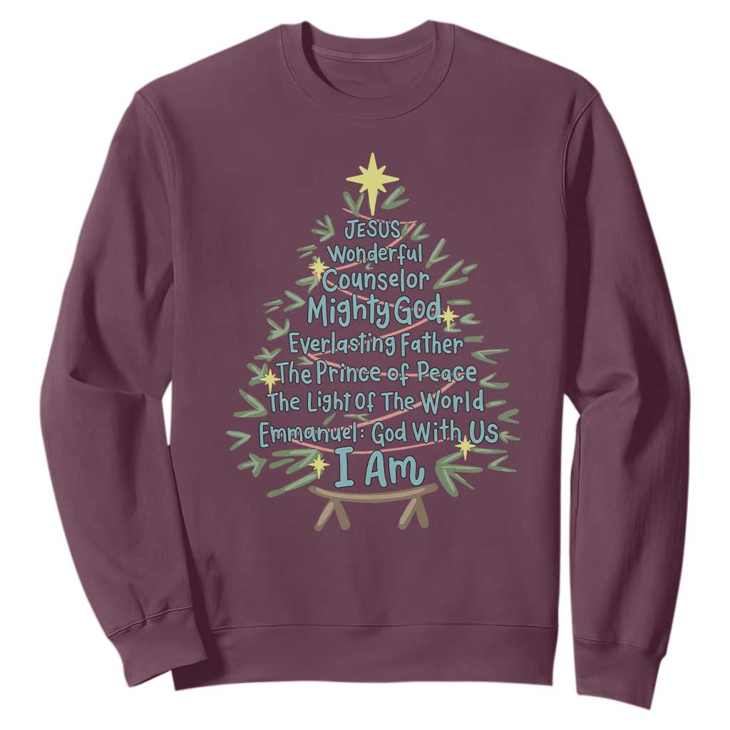 Jesus Names Christmas Tree Sweatshirt Christian Bible Verse Xmas TS10 Maroon Print Your Wear