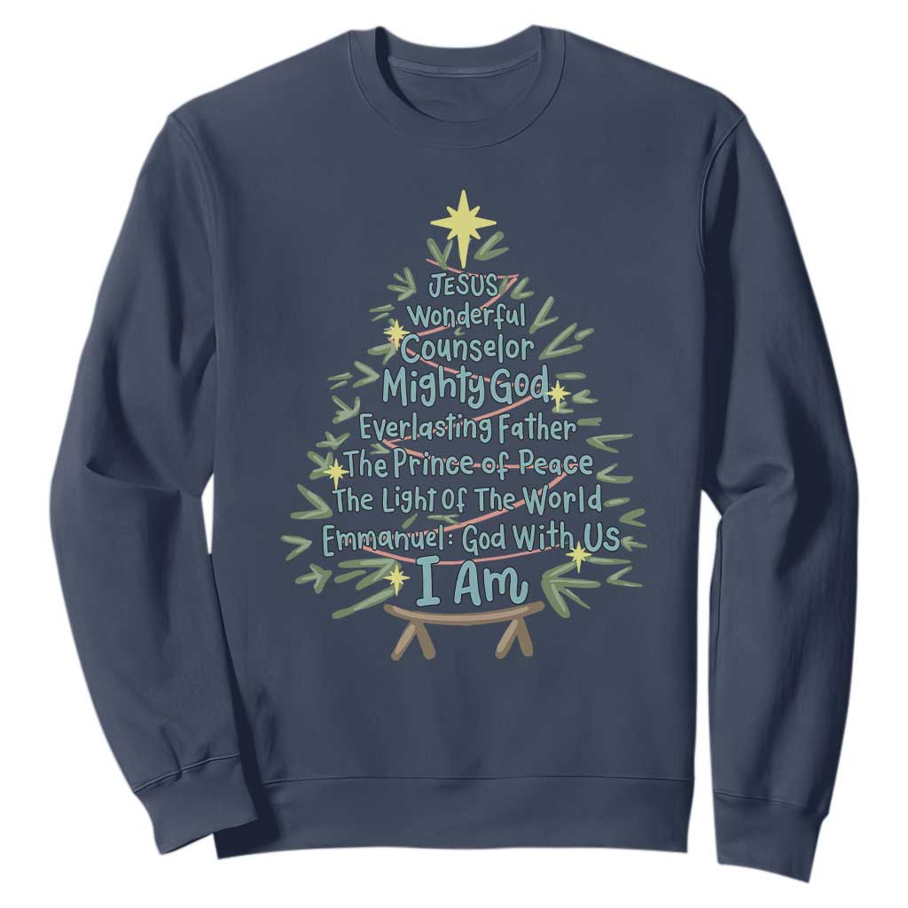 Jesus Names Christmas Tree Sweatshirt Christian Bible Verse Xmas TS10 Navy Print Your Wear