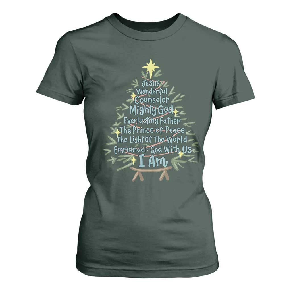 Jesus Names Christmas Tree T Shirt For Women Christian Bible Verse Xmas TS10 Dark Forest Green Print Your Wear
