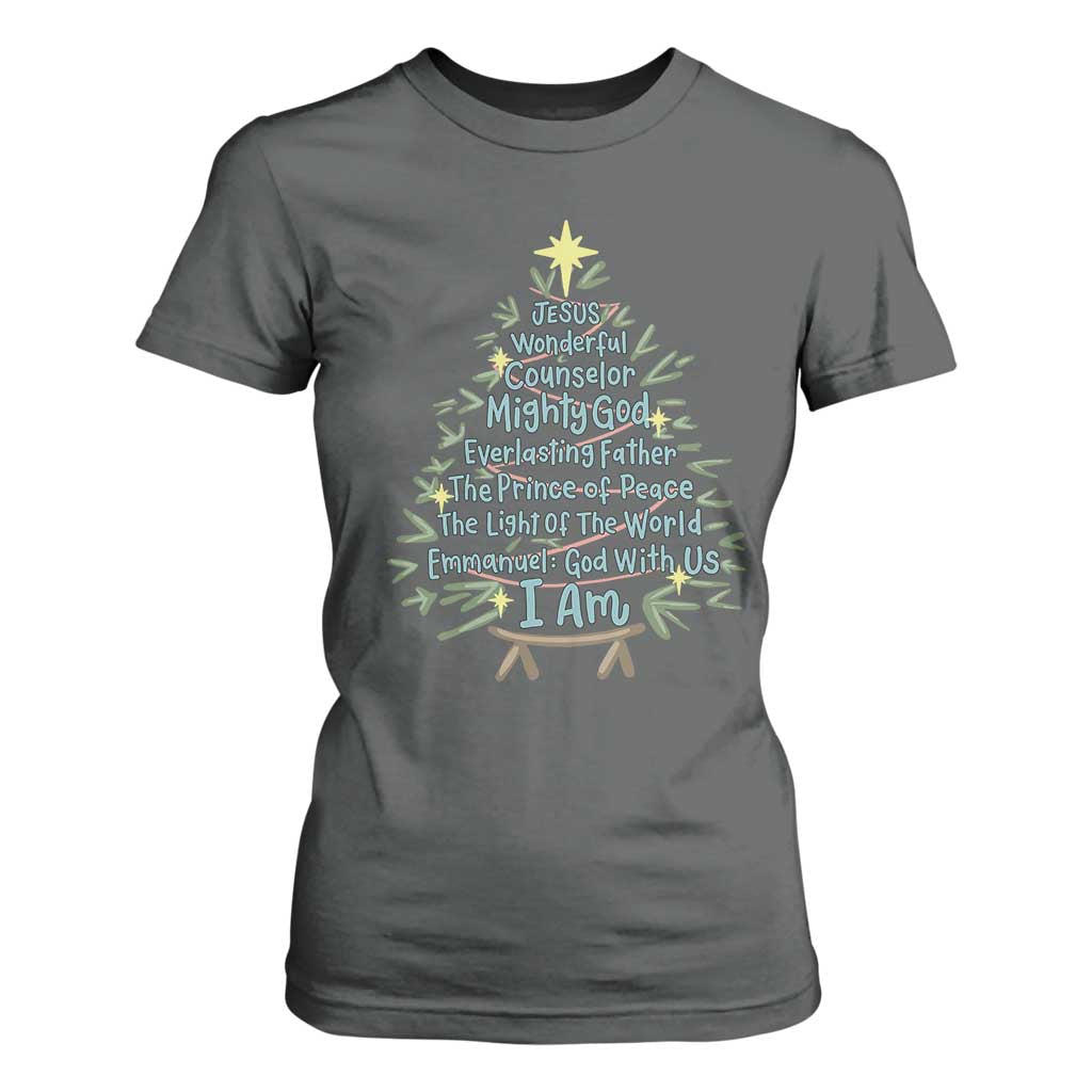 Jesus Names Christmas Tree T Shirt For Women Christian Bible Verse Xmas TS10 Dark Heather Print Your Wear