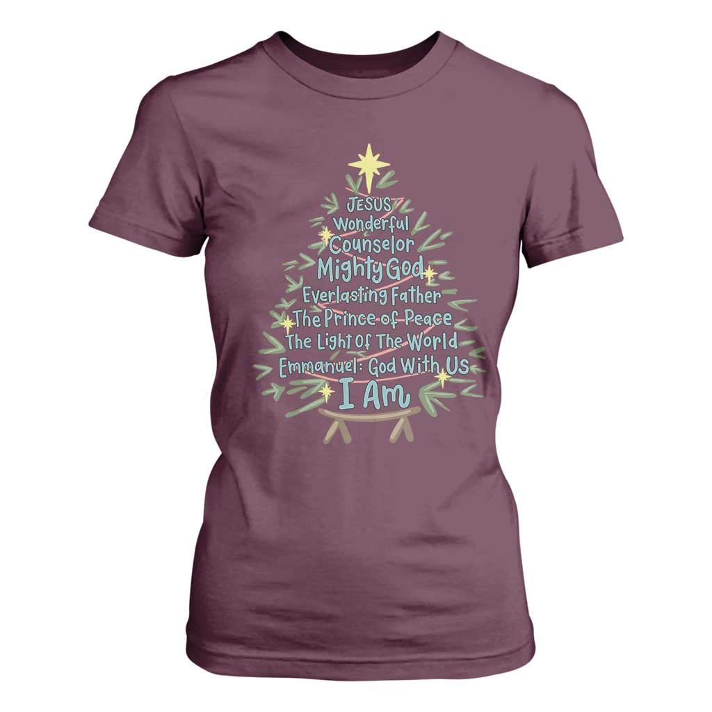 Jesus Names Christmas Tree T Shirt For Women Christian Bible Verse Xmas TS10 Maroon Print Your Wear