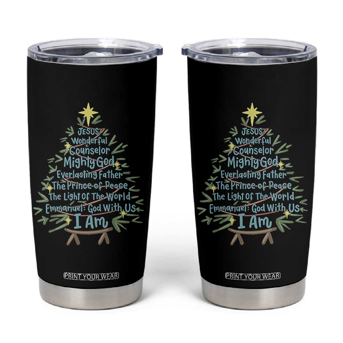 Jesus Names Christmas Tree Tumbler Cup Christian Bible Verse Xmas TS10 Black Print Your Wear