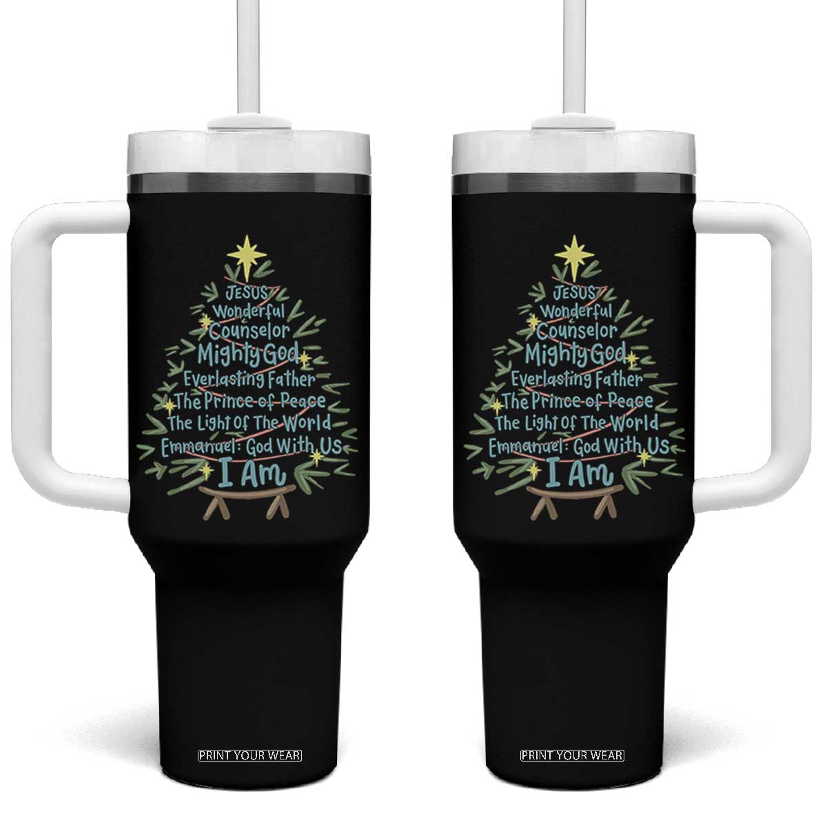 Jesus Names Christmas Tree Tumbler With Handle Christian Bible Verse Xmas TS10 One Size: 40 oz Black Print Your Wear