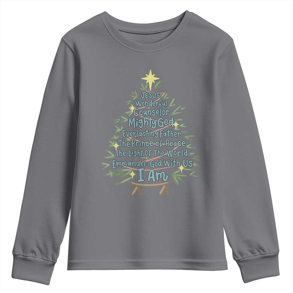 Jesus Names Christmas Tree Youth Sweatshirt Christian Bible Verse Xmas TS10 Charcoal Print Your Wear