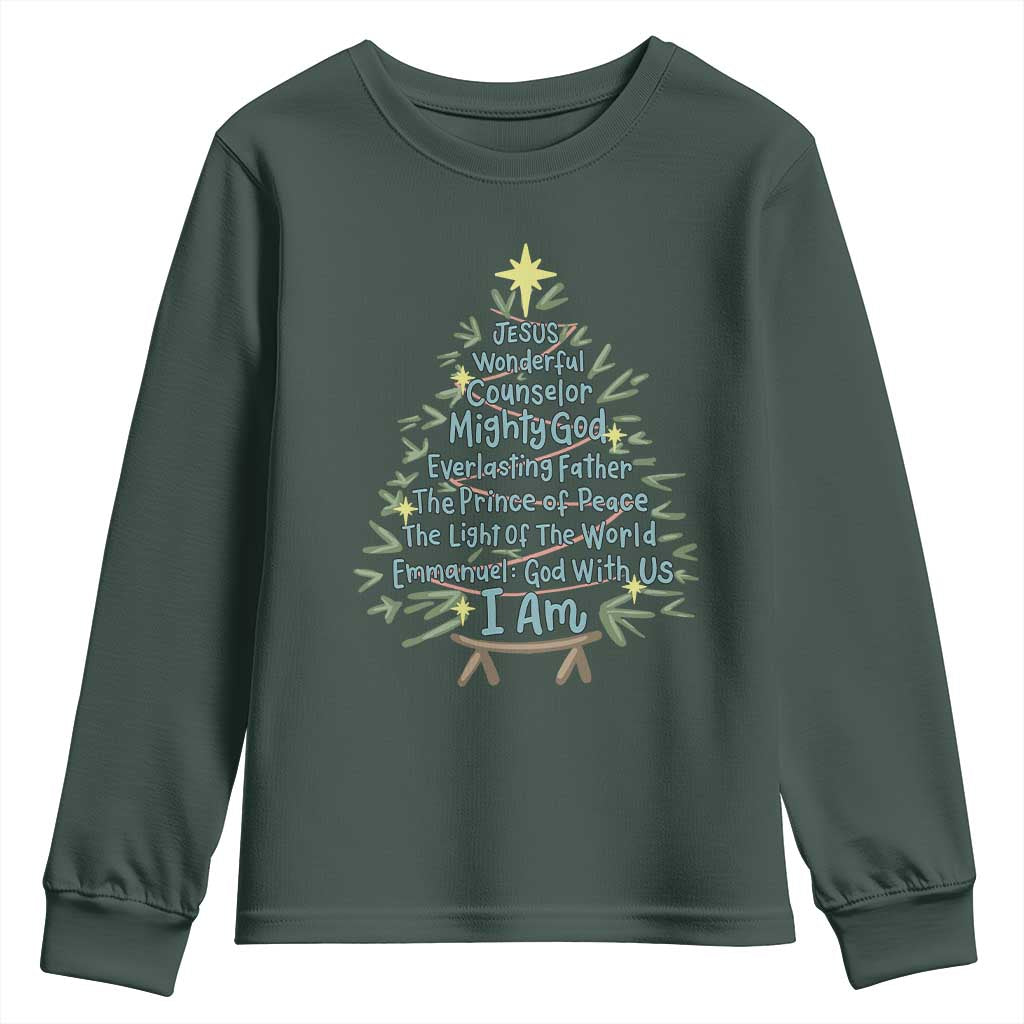 Jesus Names Christmas Tree Youth Sweatshirt Christian Bible Verse Xmas TS10 Dark Forest Green Print Your Wear