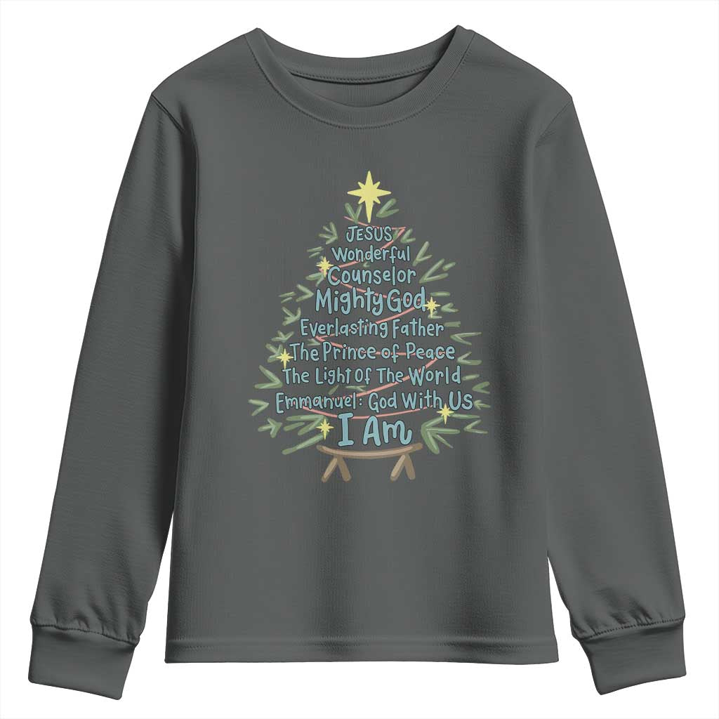 Jesus Names Christmas Tree Youth Sweatshirt Christian Bible Verse Xmas TS10 Dark Heather Print Your Wear