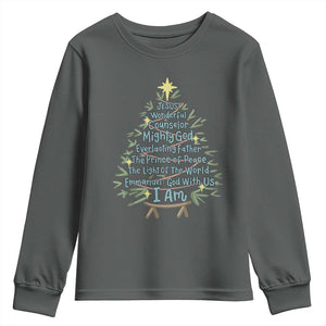 Jesus Names Christmas Tree Youth Sweatshirt Christian Bible Verse Xmas TS10 Dark Heather Print Your Wear