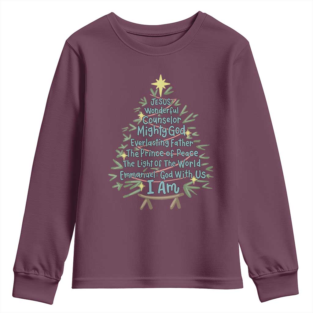 Jesus Names Christmas Tree Youth Sweatshirt Christian Bible Verse Xmas TS10 Maroon Print Your Wear