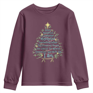 Jesus Names Christmas Tree Youth Sweatshirt Christian Bible Verse Xmas TS10 Maroon Print Your Wear