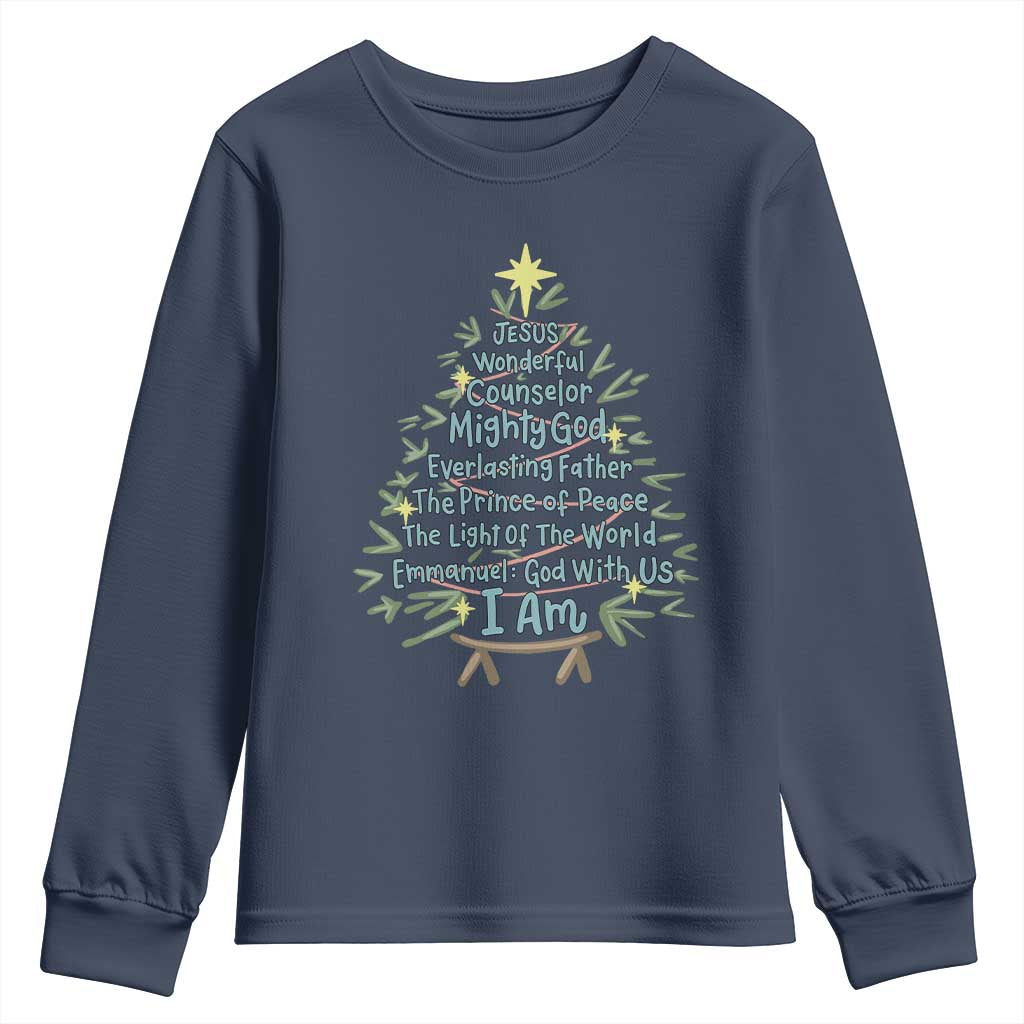 Jesus Names Christmas Tree Youth Sweatshirt Christian Bible Verse Xmas TS10 Navy Print Your Wear