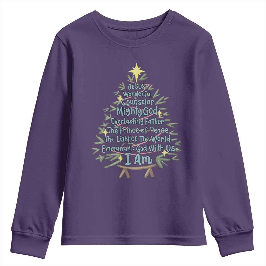 Jesus Names Christmas Tree Youth Sweatshirt Christian Bible Verse Xmas TS10 Purple Print Your Wear