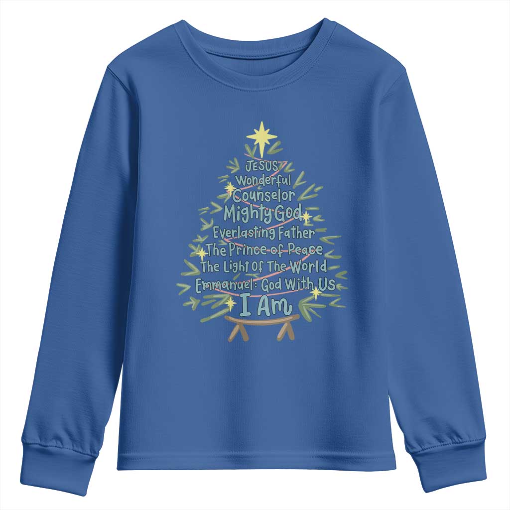 Jesus Names Christmas Tree Youth Sweatshirt Christian Bible Verse Xmas TS10 Royal Blue Print Your Wear