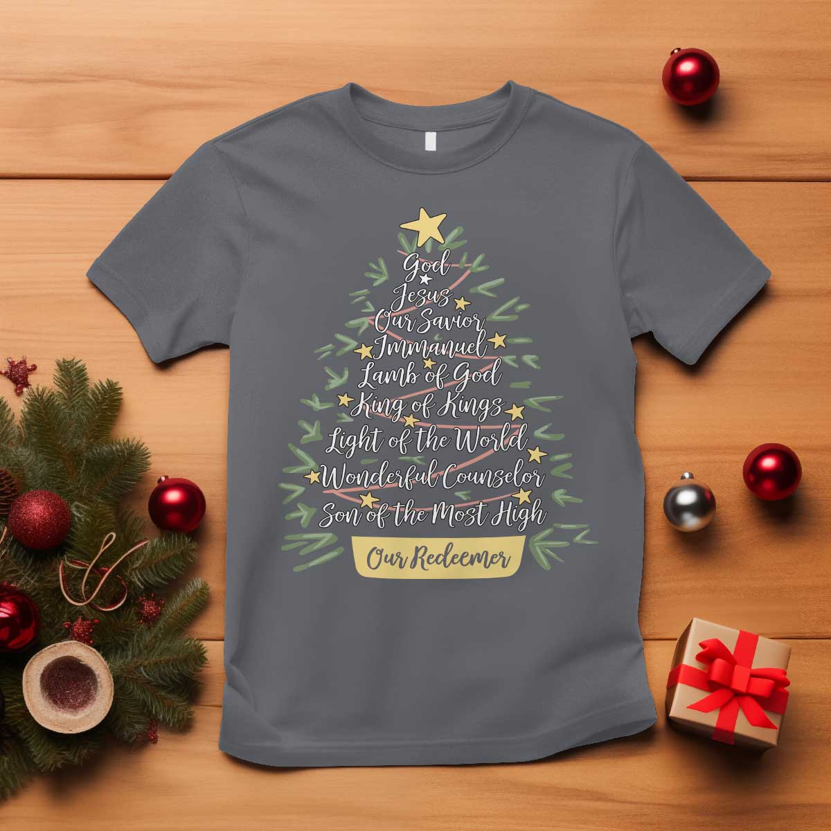 Christmas Christian T Shirt Jesus Names Tree Religious Faith TS10 Charcoal Print Your Wear