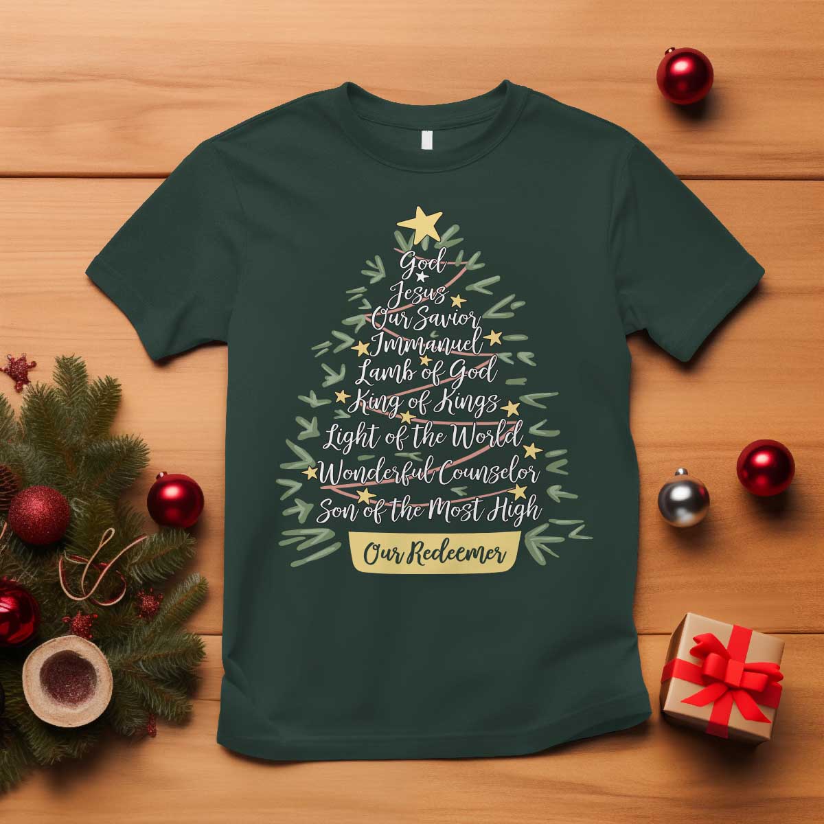 Christmas Christian T Shirt Jesus Names Tree Religious Faith TS10 Dark Forest Green Print Your Wear