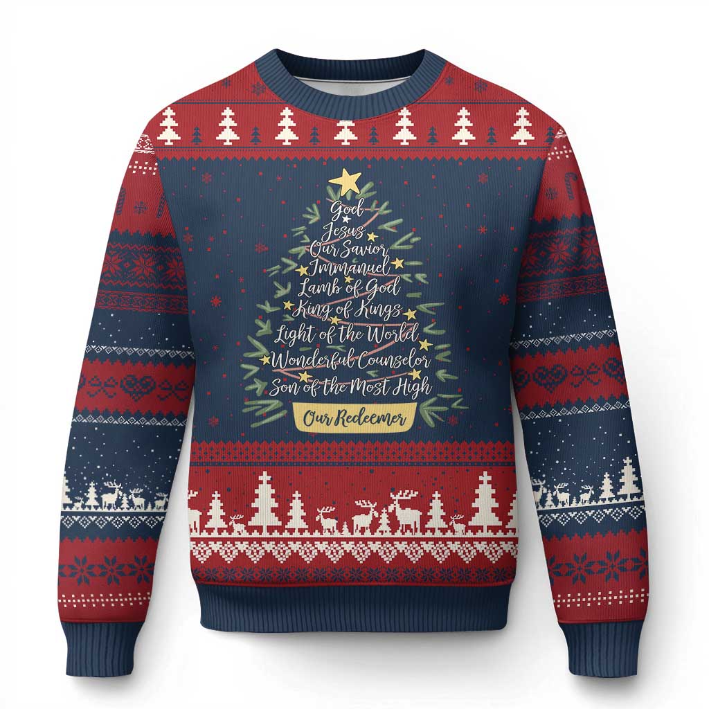 Xmas Christian Ugly Christmas Sweater Jesus Names Tree Religious Faith TS10 Navy Red Print Your Wear