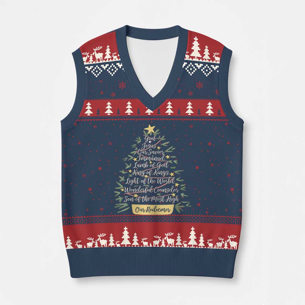 Xmas Christian V-Neck Knit Sweater Vest Jesus Names Tree Religious Faith TS10 Navy Red Print Your Wear