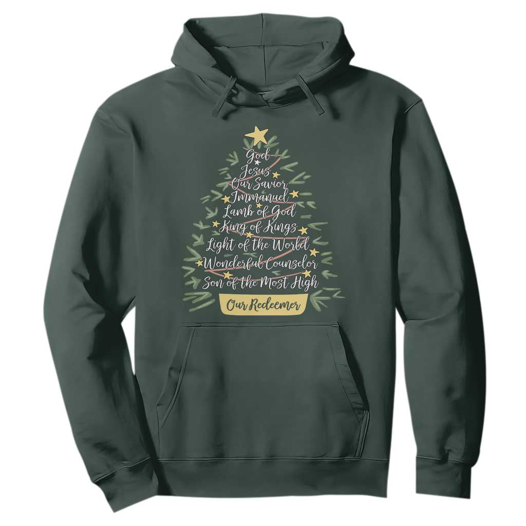 Christmas Christian Hoodie Jesus Names Tree Religious Faith TS10 Dark Forest Green Print Your Wear