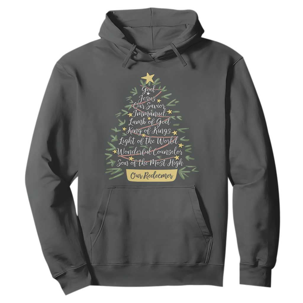 Christmas Christian Hoodie Jesus Names Tree Religious Faith TS10 Dark Heather Print Your Wear
