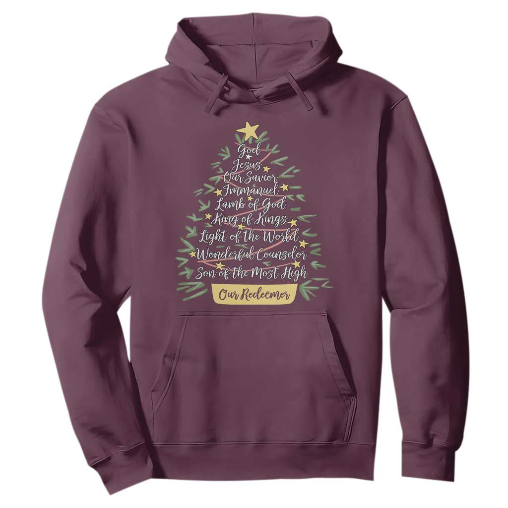 Christmas Christian Hoodie Jesus Names Tree Religious Faith TS10 Maroon Print Your Wear