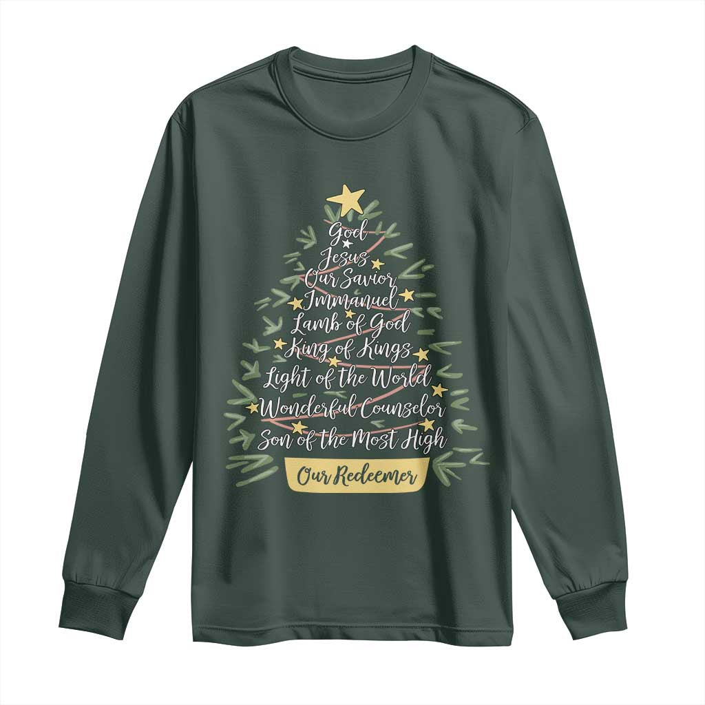 Christmas Christian Long Sleeve Shirt Jesus Names Tree Religious Faith TS10 Dark Forest Green Print Your Wear