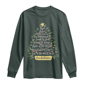 Christmas Christian Long Sleeve Shirt Jesus Names Tree Religious Faith TS10 Dark Forest Green Print Your Wear