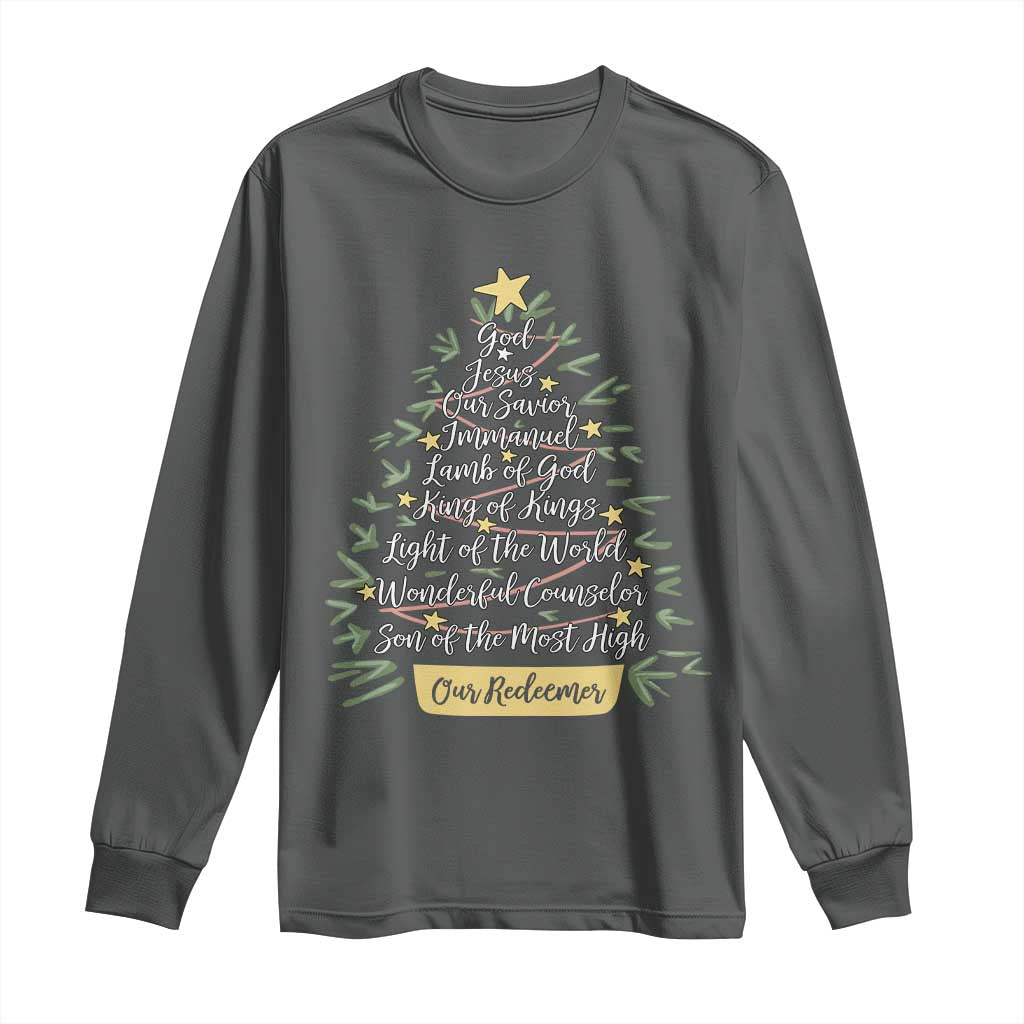 Christmas Christian Long Sleeve Shirt Jesus Names Tree Religious Faith TS10 Dark Heather Print Your Wear