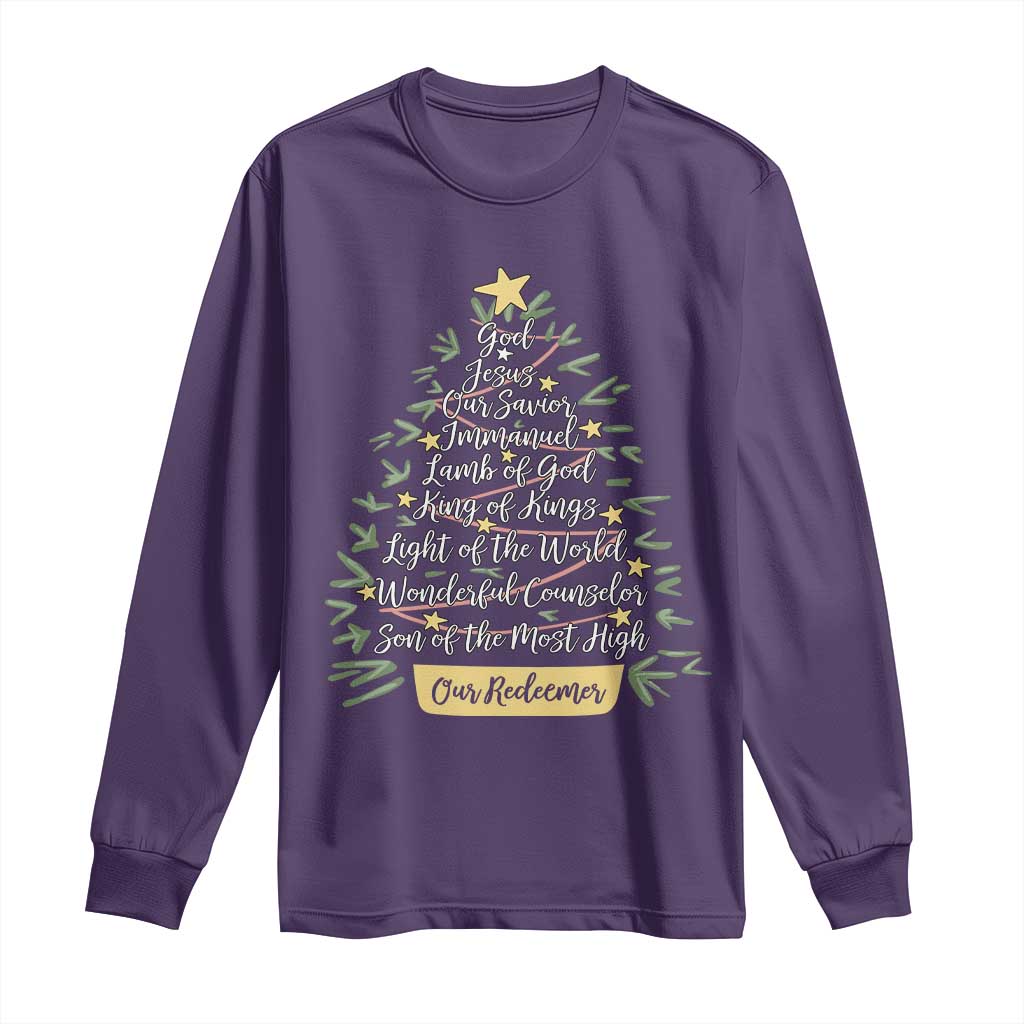 Christmas Christian Long Sleeve Shirt Jesus Names Tree Religious Faith TS10 Purple Print Your Wear