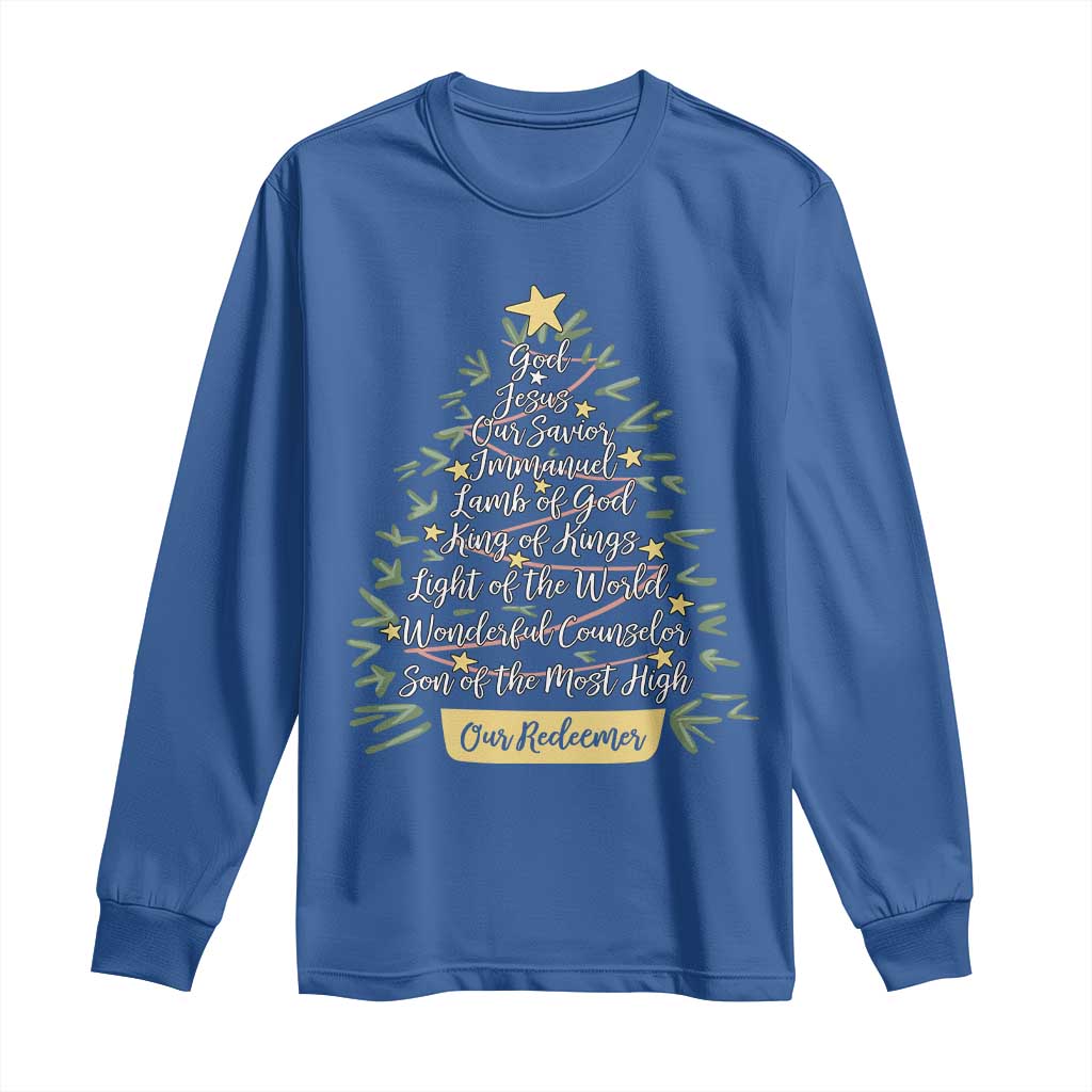 Christmas Christian Long Sleeve Shirt Jesus Names Tree Religious Faith TS10 Royal Blue Print Your Wear