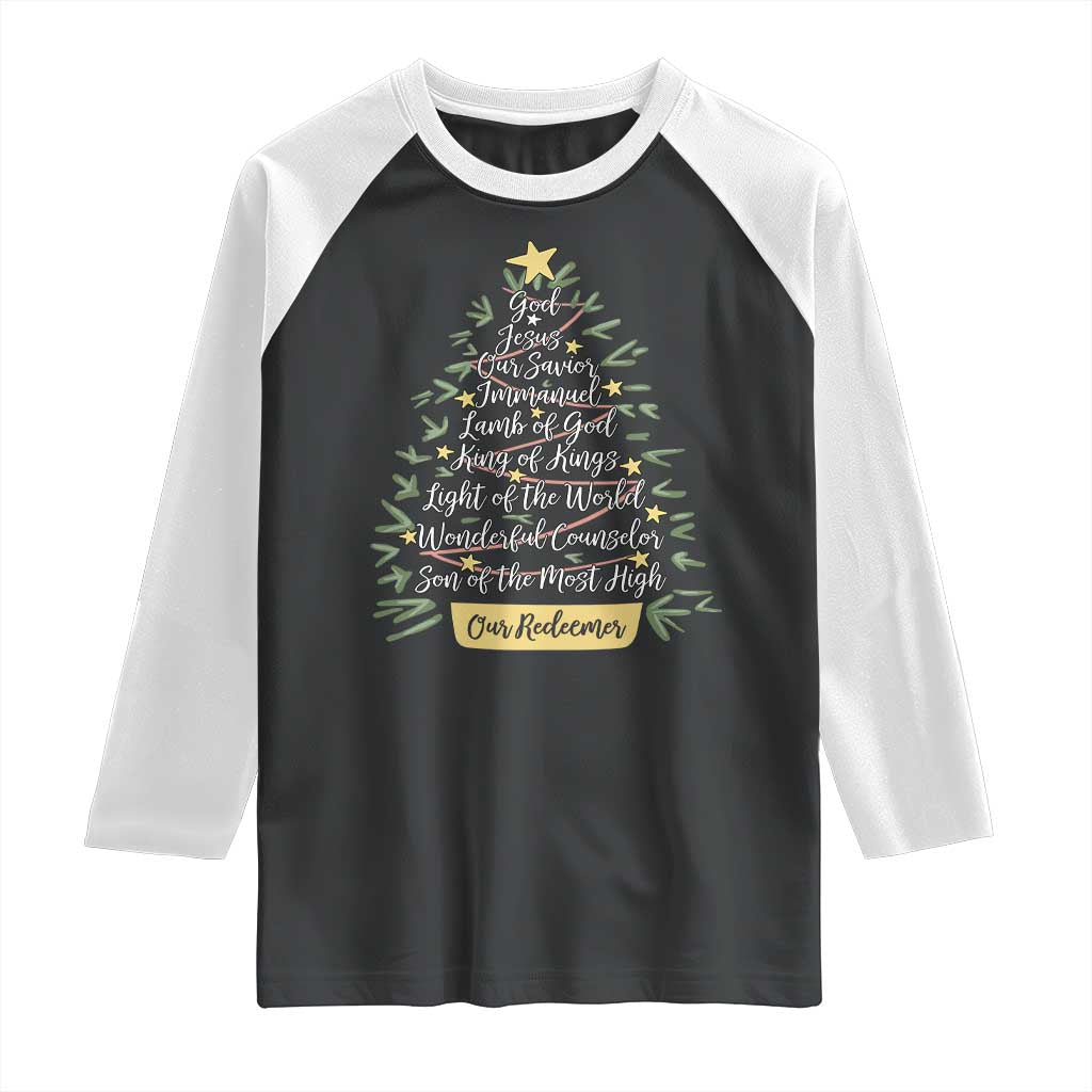 Christmas Christian Raglan Shirt Jesus Names Tree Religious Faith TS10 Black White Print Your Wear