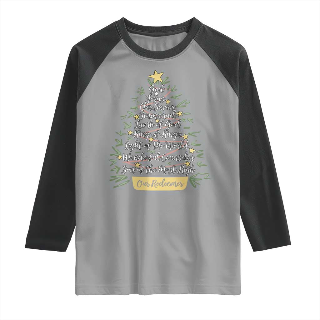 Christmas Christian Raglan Shirt Jesus Names Tree Religious Faith TS10 Sport Gray Black Print Your Wear